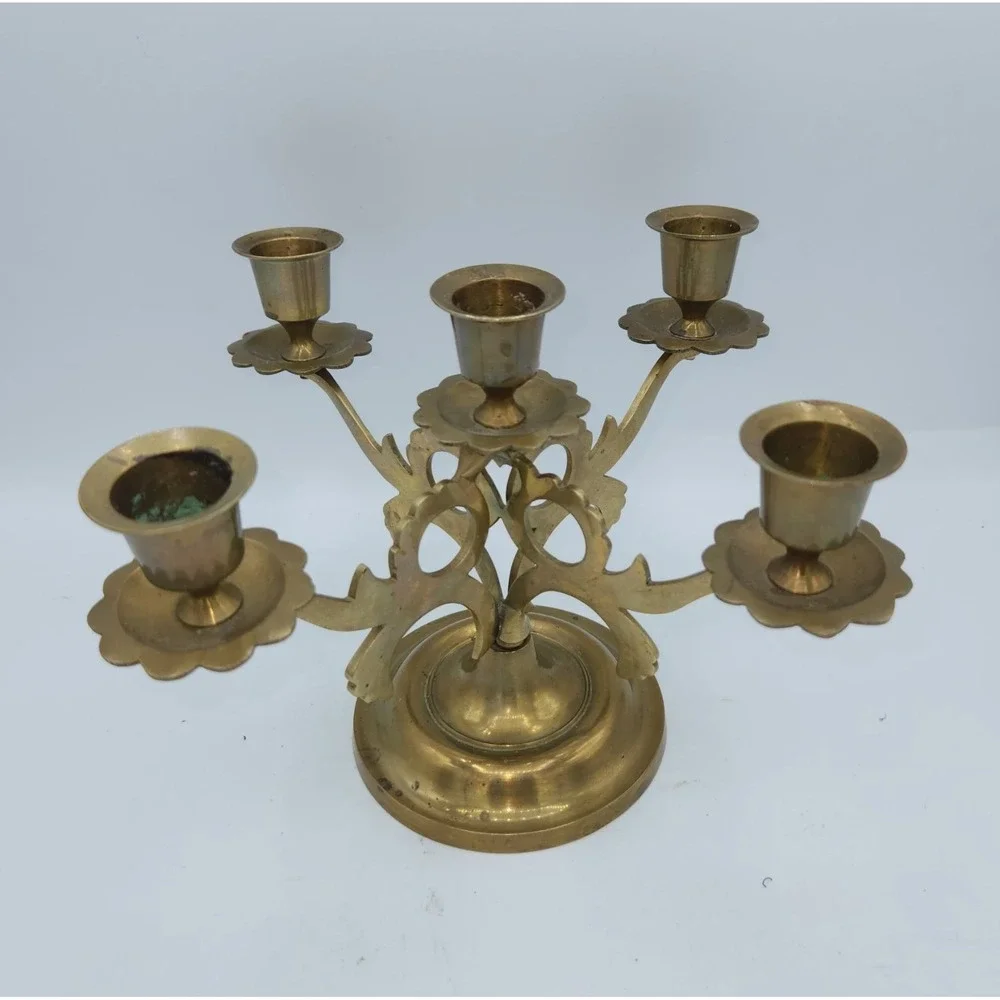 Vintage Solid Brass 5-Arm Candelabra Ornate Hand Crafted India Ornate Decorative